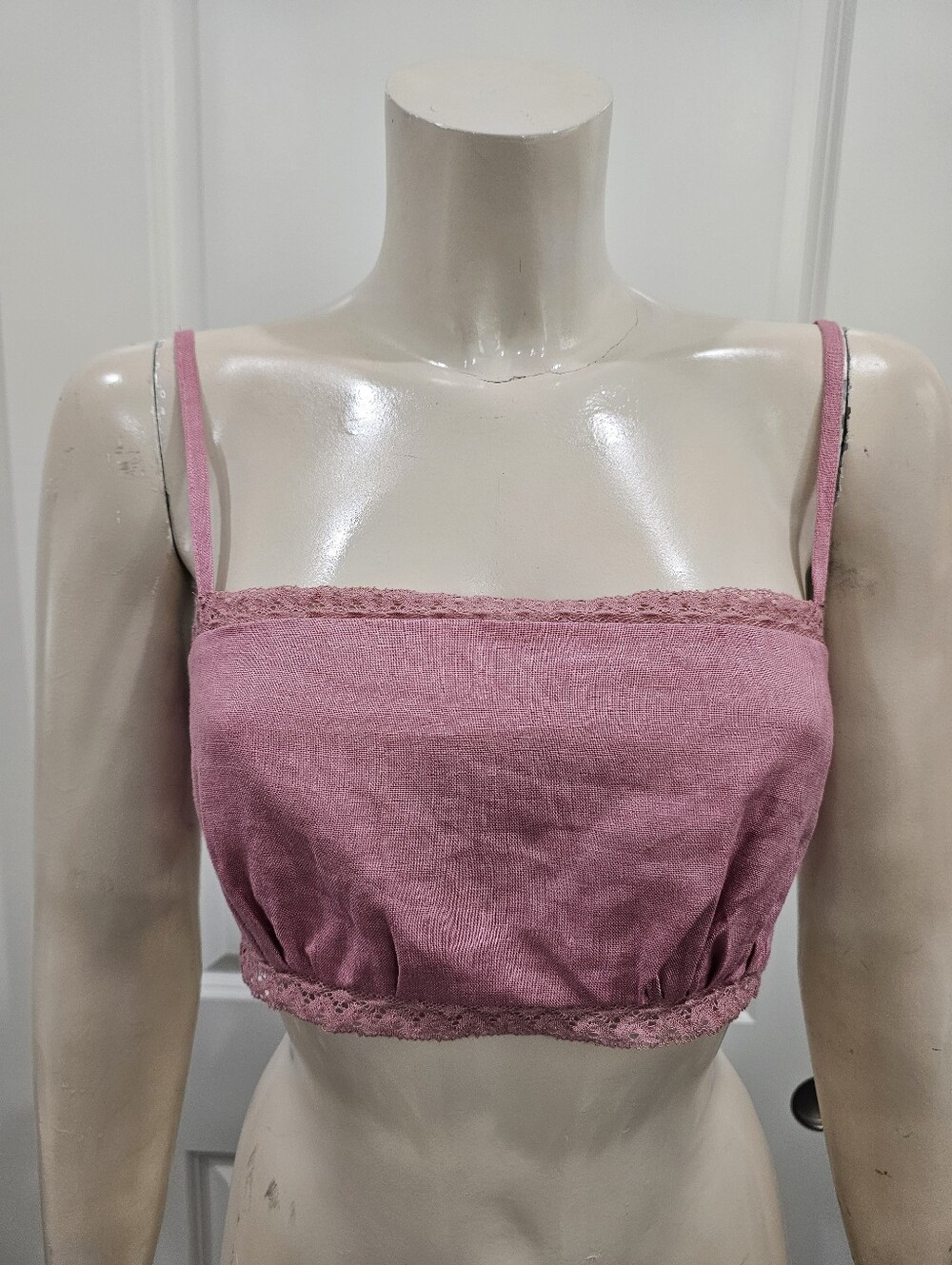 REFORMATION 100% Linen Pink Lace Trim Cropped Sleeveless Top 6